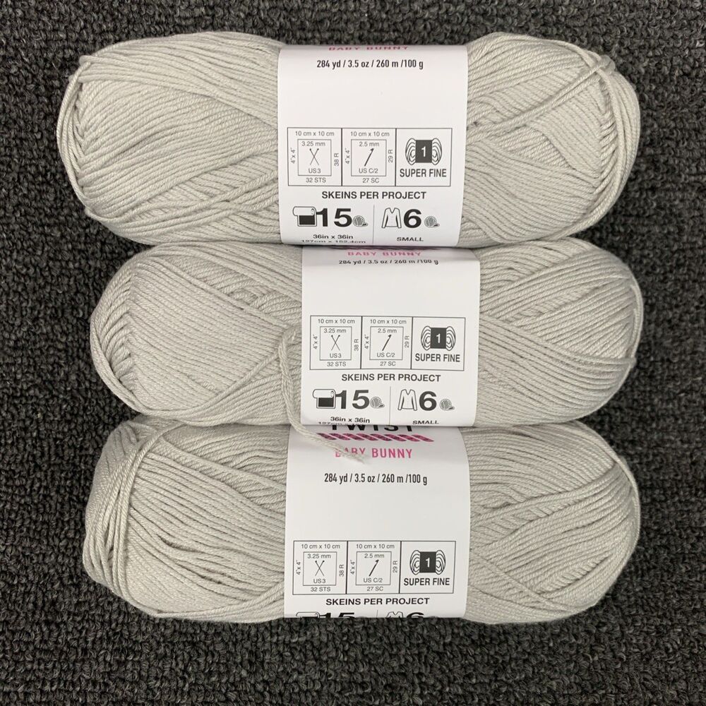 Lot Of 3 Big Twist Baby Bunny Light Gray Yarn 3.5 oz 284 yds Each New Super Fine - Picture 4 of 7